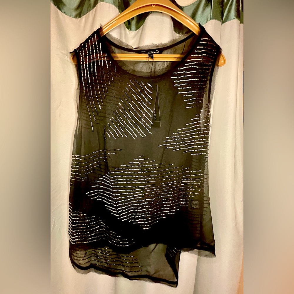 Sheer black Lauren top with silver beads W118 Walter Baker New with Tags